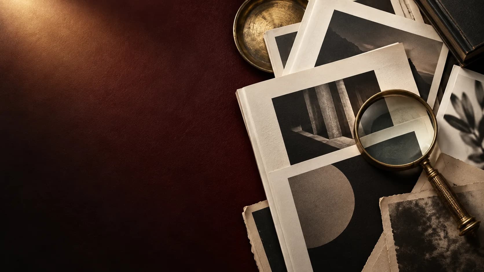 Editorial press archive with layered pages and an antique magnifying glass