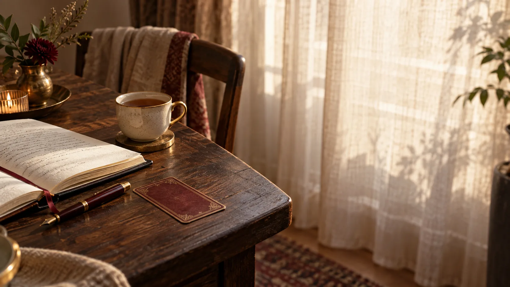 A warm private mentoring table with journal, tea and reflection card