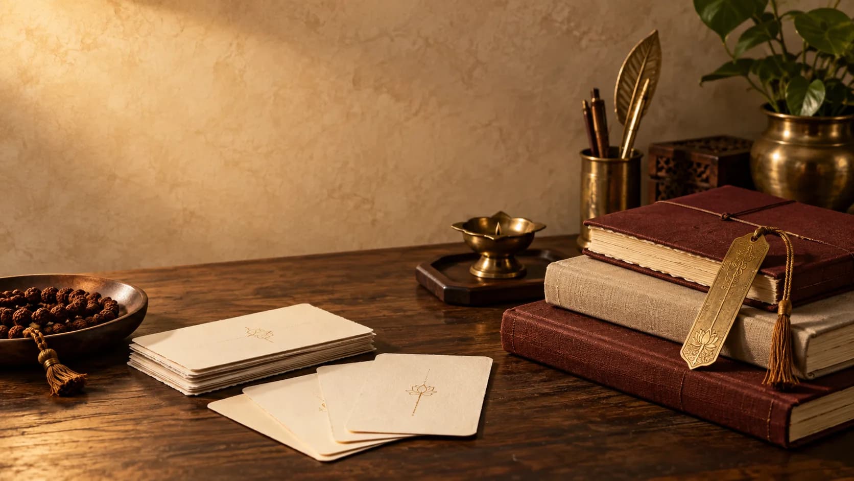 Handcrafted study books and learning cards in warm golden light