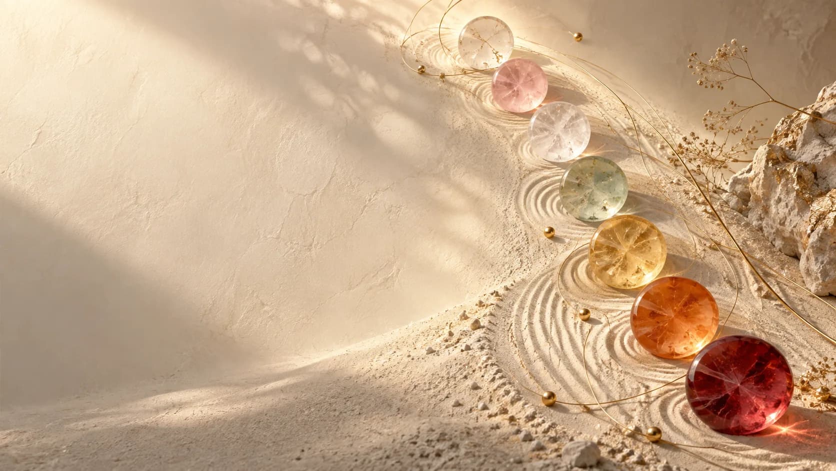 Seven luminous mineral forms resting in rippled healing sand