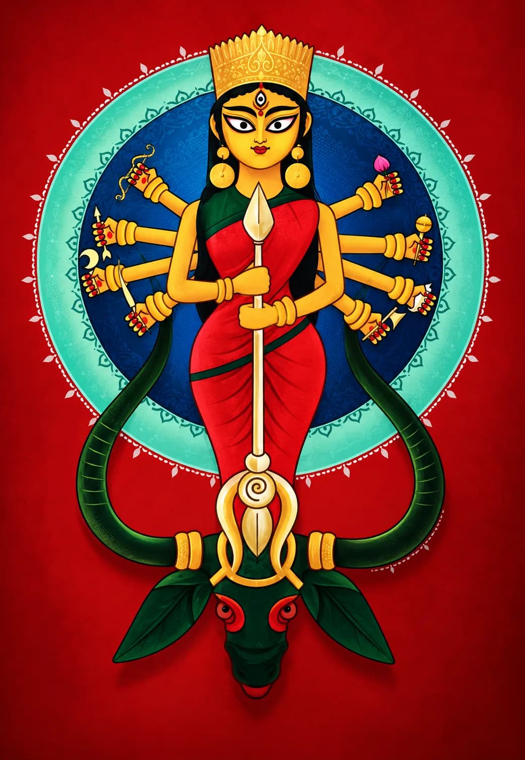 Goddess Shakti standing before a sacred mandala in a transformational divine feminine artwork